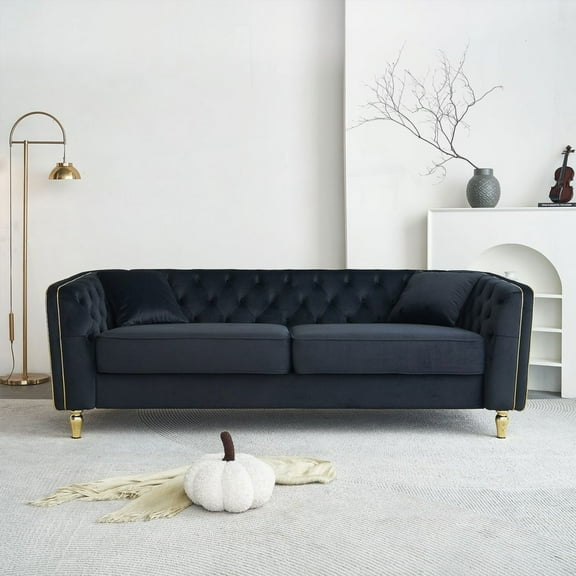 Modern 87.01"W Velvet Sofa for Living Room, Hotel Apartment - Black, Featuring Tufted Buttons and 4 Gold Legs