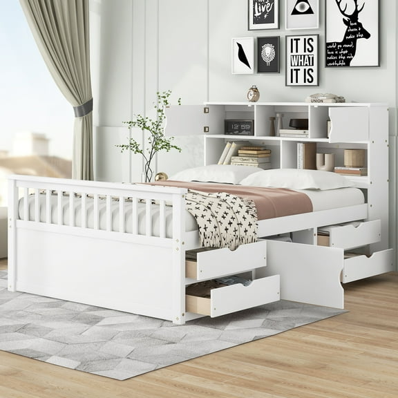 Euroco Wood Full Size Platform Bed with Storage Headboard, Captain Bed with 4 Drawers, Bookcase and Cabinets, White