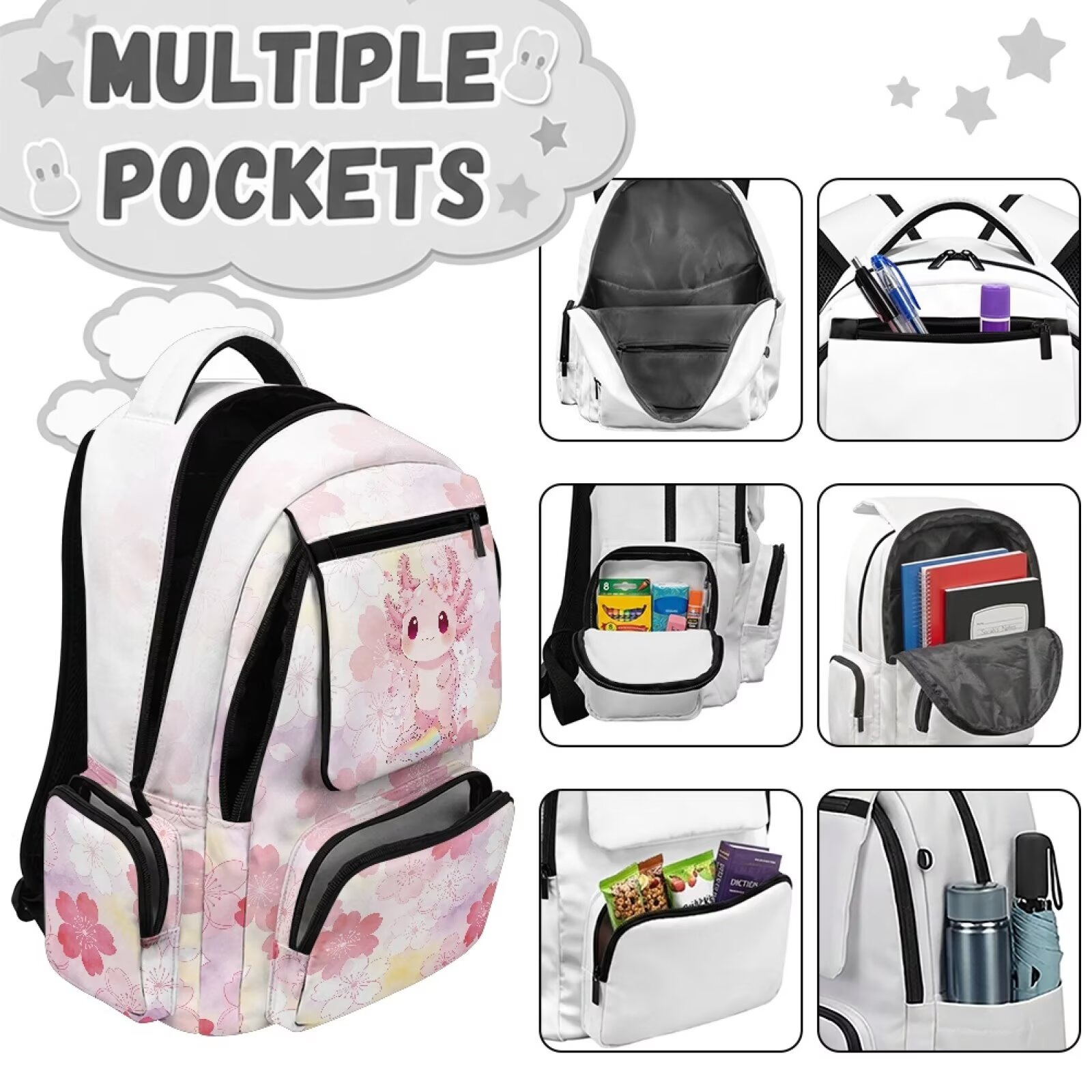 Mochila infantil Axolotl para niña, flor de cerezo linda, liviana, transpirable, duradera, impermeable, con múltiples bolsillos, para niños de 6 a 12 años, regreso a clases 7
