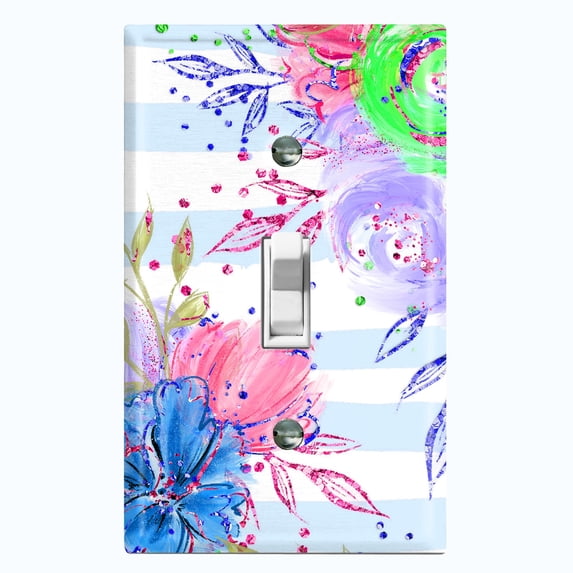 Metal Light Switch Plate Cover Floral Pastel Blue Striped Pattern FLW007