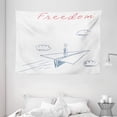 thumbnail image 1 of Adventure Tapestry, Flying Paper Plane in Hand Drawn Sketch Cartoon Style Freedom Text Clouds, Wall Hanging for Bedroom Living Room Dorm Decor, 80W X 60L Inches, Bluegrey Red White, by Ambesonne, 1 of 2