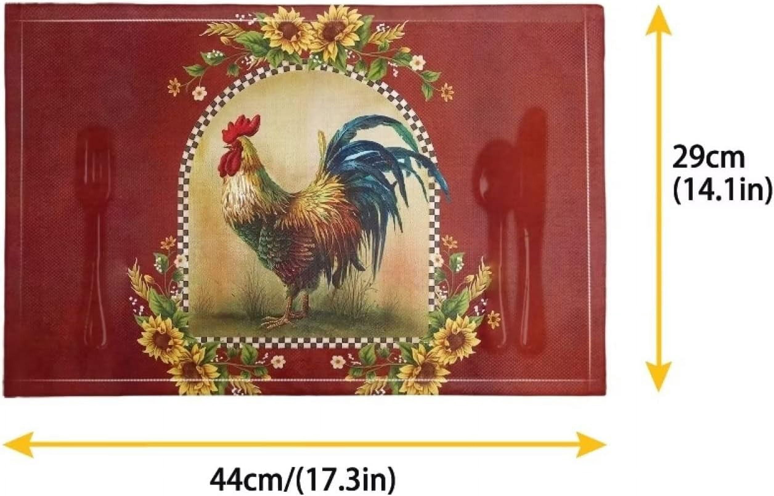 Placemat linen Weave Table Mats Set of 4, Durable Scratch Resistant Waterproof Dining Table Place Mats for Kids Heat Stain Resistant Placemats, Chicken Sunflower Red