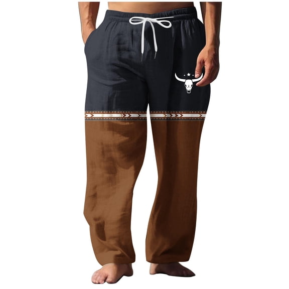 Dagegui Men's Cotton Linen Pants Western Vintage Straight Leg Pant Drawstring Elastic Waist Casual Trousers Big and Tall Beach Slacks Brown M