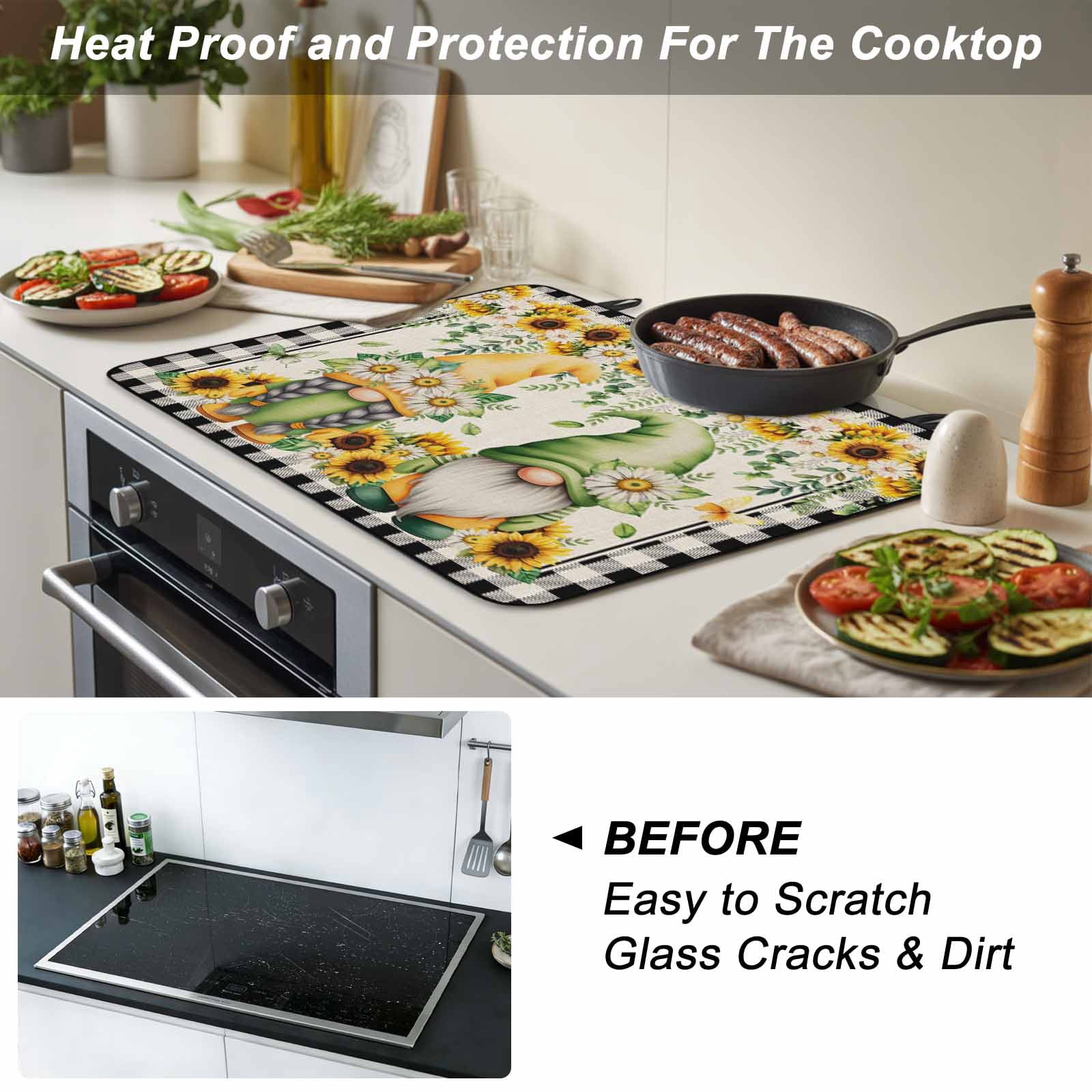 Sunflower Gnomes Stove Top Cover for Electric Stove, Heat-proof & Non Slip Glass Top Stove Cover Protector, Spring Farmhouse Vintage Daisy Floral Leaf Kitchen Flat Cooktop Rubber Mat 24x21 Inches