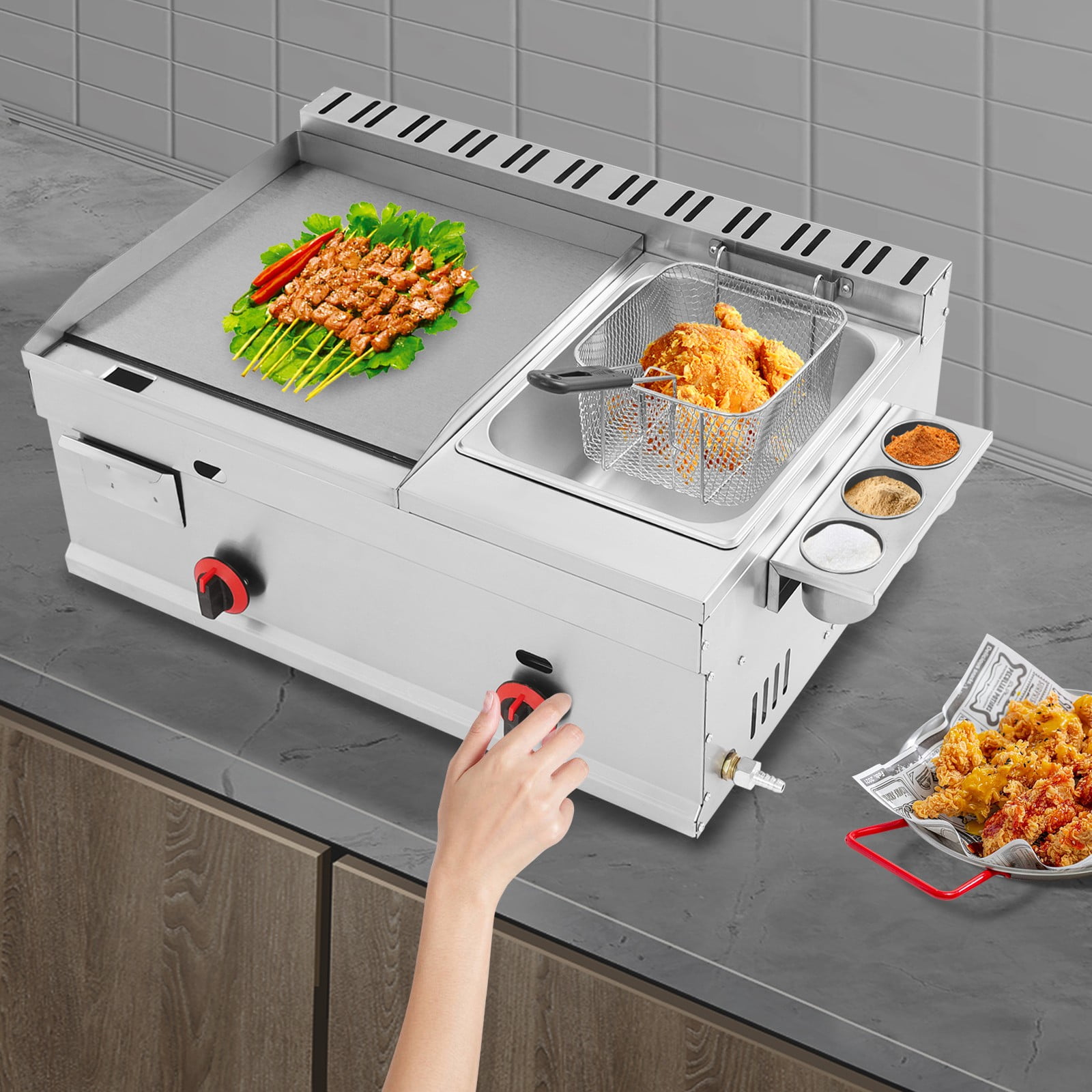 Commercial Gas Propane Flat Top Grill Griddle w/ Deep Fryer Multi-function Fryer Deep-frying Machine Large-capacity with Grill Griddle Gas Heating