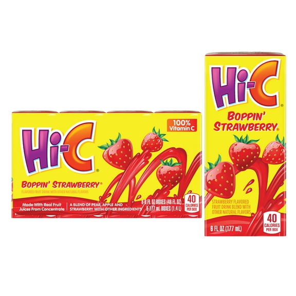 Hi-C 100% Vitamin C Boppin Strawberry Fruit Juice, 6 fl oz, 8 Juice Boxes