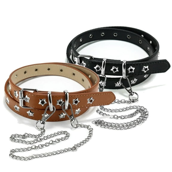 2 Pack Unisex Punk Belt Gothic Metal Chain Adjustable Waistband for Men Women PU Leathe Fashion Accessories