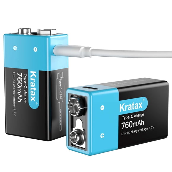Batería Kratax recargable por USB, 9 V, 760 mAh, iones de litio, paquete de 2