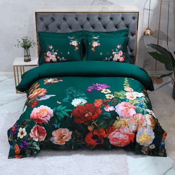 Juego de cama de algodón egipcio floral verde