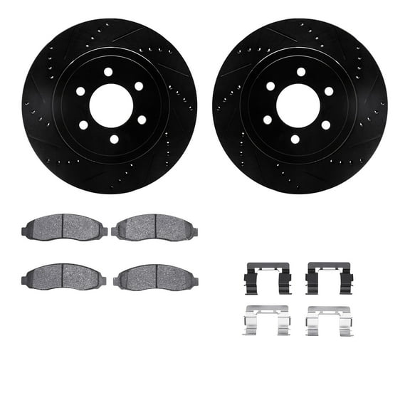 Dynamic Friction Company Front Brake Rotors-Drilled and Slotted-Black with 5000 Advanced Brake Pads includes Hardware 8512-40086