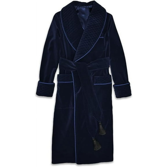 Men's Blue Long Smoking Jacket Quilted Dressing Long Gown Smoking Jacket Coats Party Wear