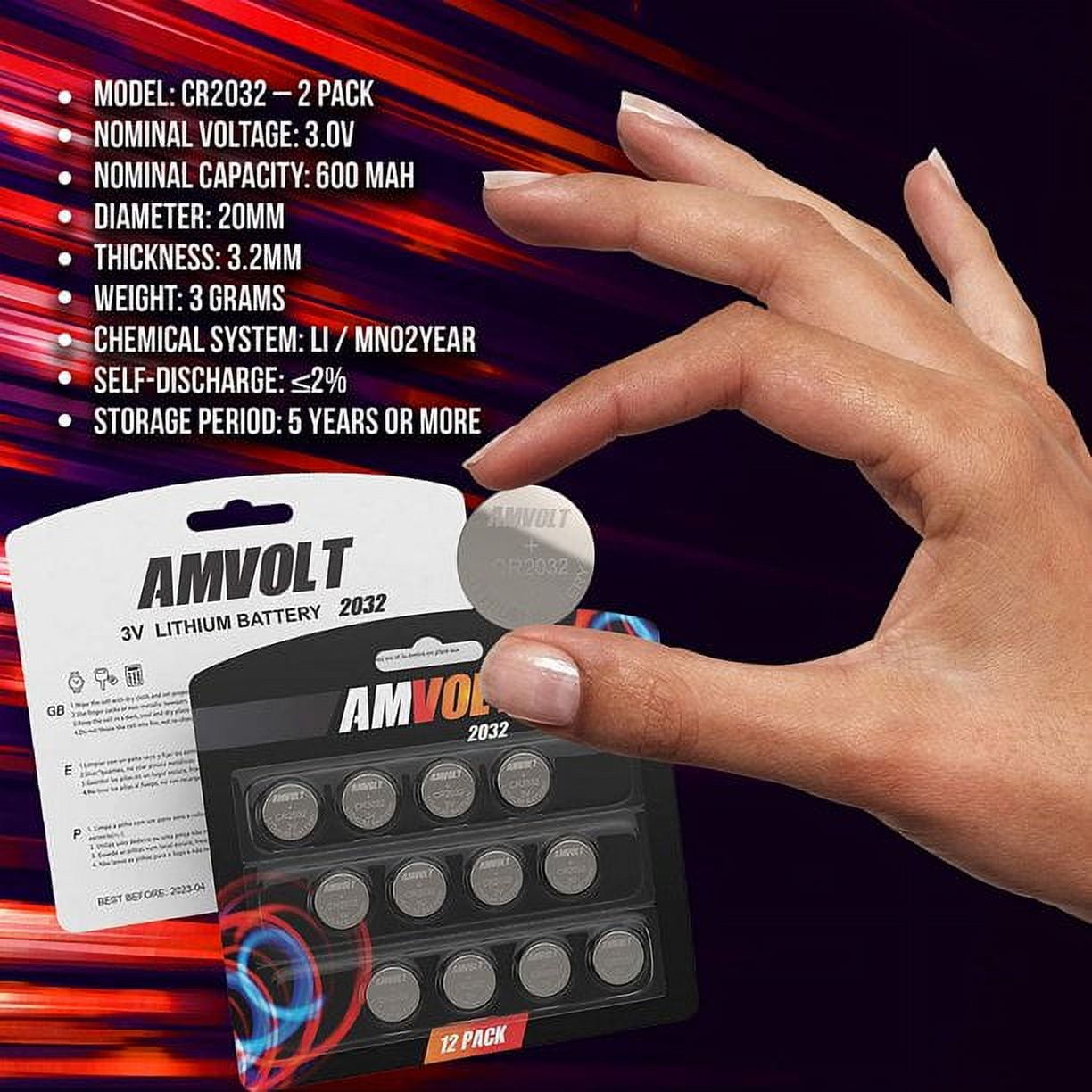 Paquete de 4 pilas de botón AmVolt CR2032 de litio de 220 mAh, 3 V, 2023,  fecha de caducidad