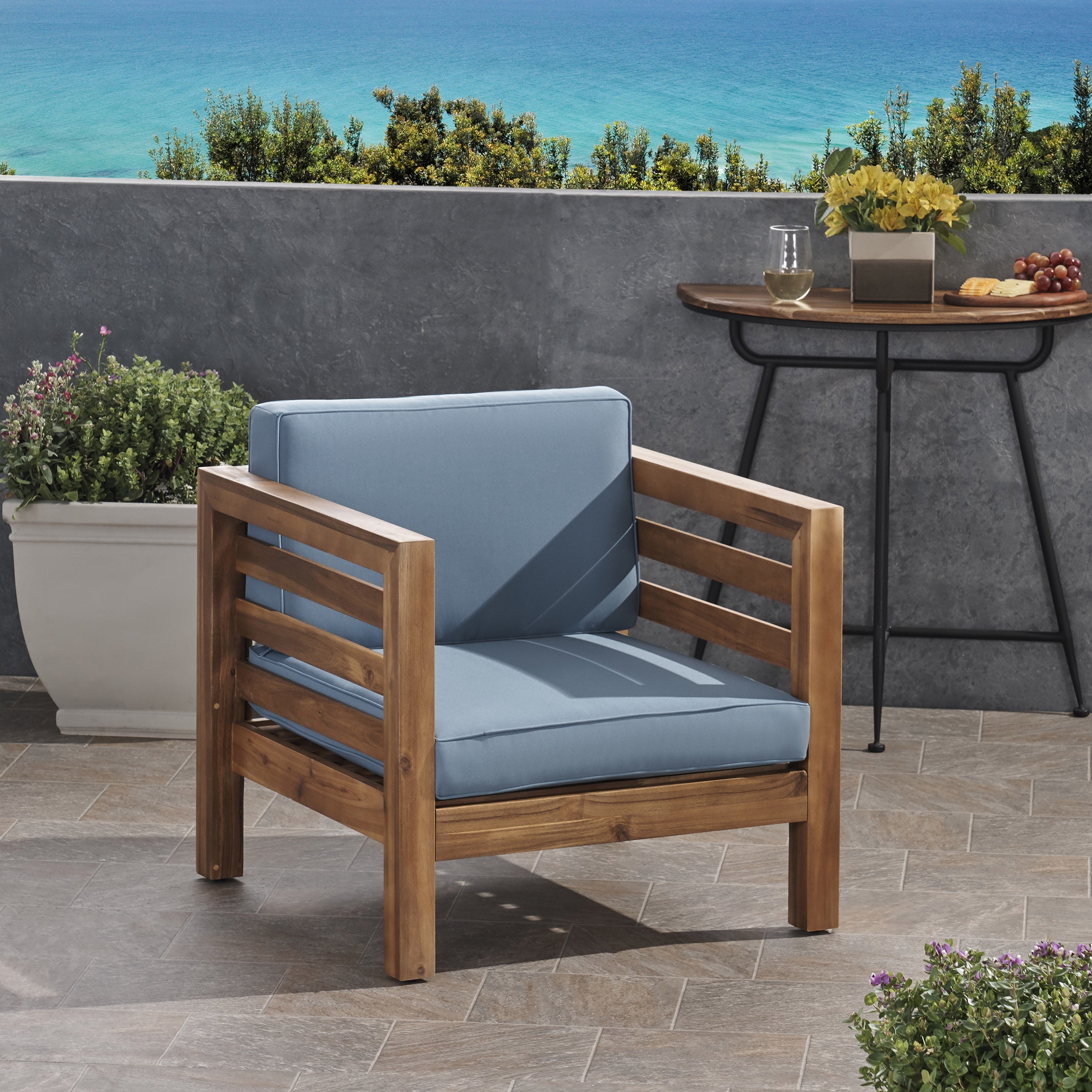 Euroco Outdoor Acacia Wood Club Chair with Waterproof Cushions, Mid-Century Modern Patio Lounge Chair for Backyard, Porch, or Garden