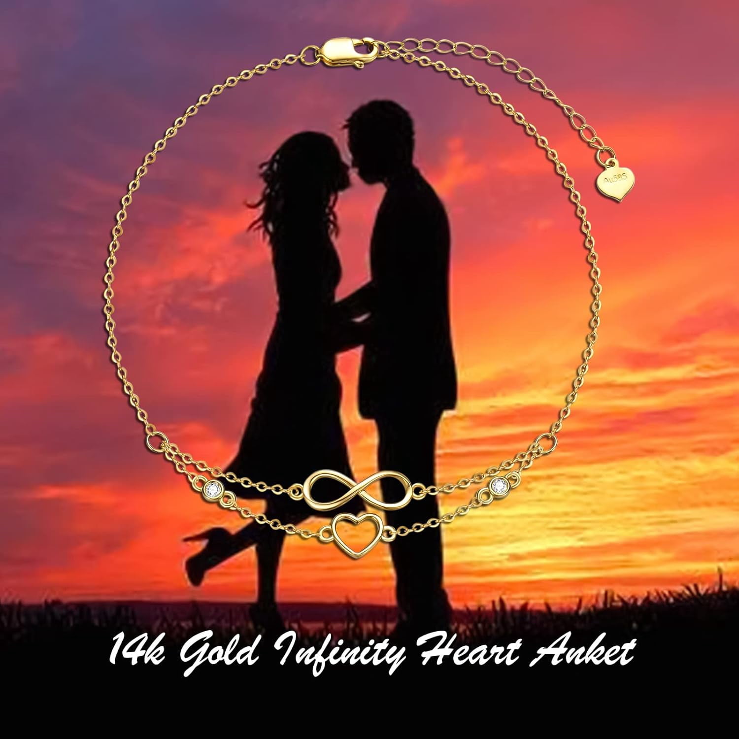 JKR 14K Real Gold Infinity Heart Anklet for Women, Yellow Gold Infinity Layered Anklets Bracelets Beach Foot Jewelry Birthday Valentines Day Gifts for Her, 8+2 Inch