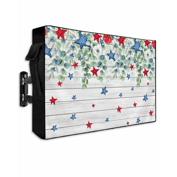4th of July Outdoor TV Cover 40 to 43 Inch Weatherproof, Memorial Day Patriotic Star Leaf Wooden 600D Oxford TV Covers with Waterproof Zipper, Outside Flat TV Screen Protector Size 40"Wx25"Hx4.5"D