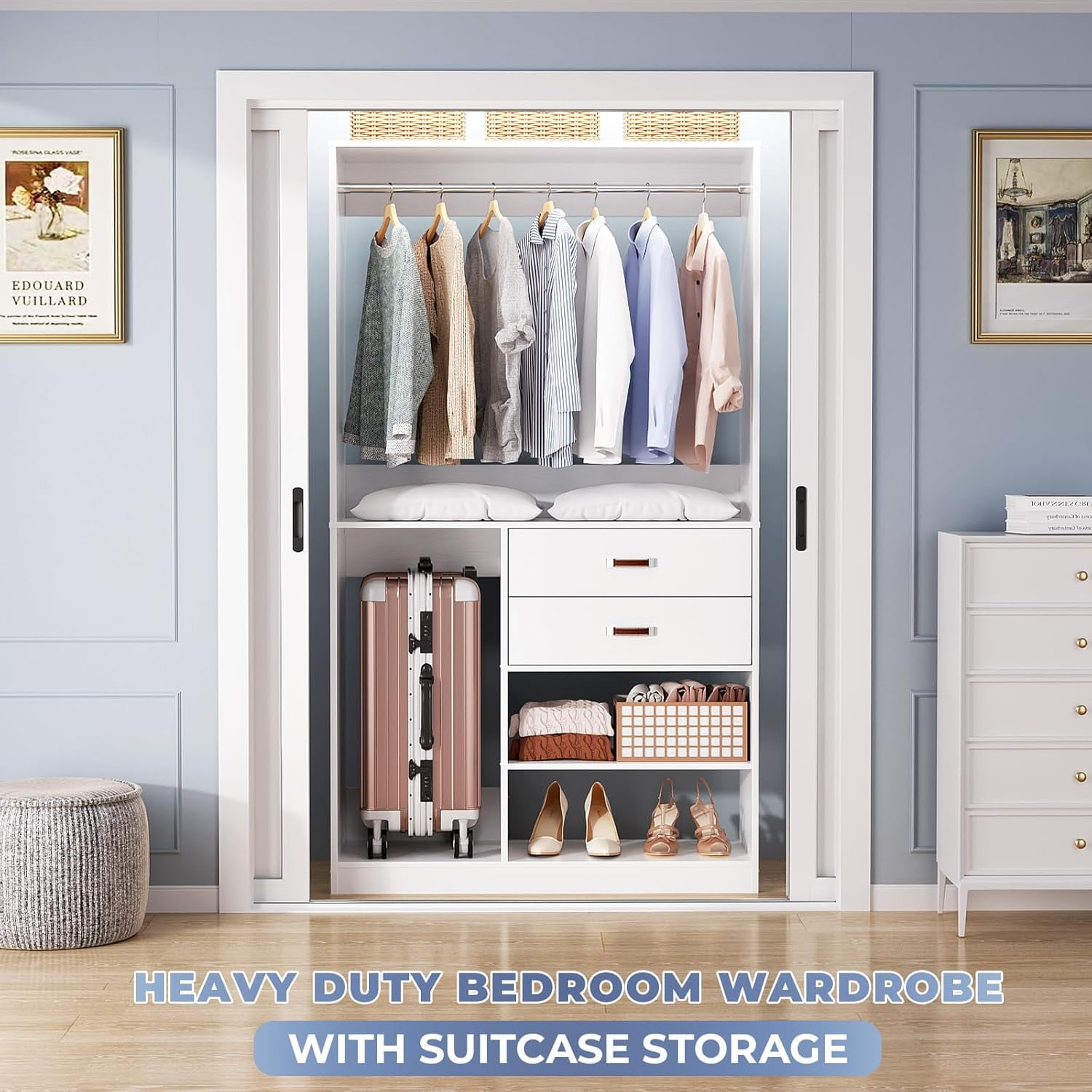 iSunirm Freestanding Wardrobe with Suitcase Storage, 40'' Wood Closet System with 2 Wood Drawers & Shelves, 80'' Height Adjustable, with Hanging Rod, Gray - Walmart.com iSunirm Freestanding Wardrobe with Suitcase Storage, 40'' Wood Closet System with 2 Wood Drawers & Shelves, 80'' Height Adjustable, with Hanging Rod, Gray - Walmart.com