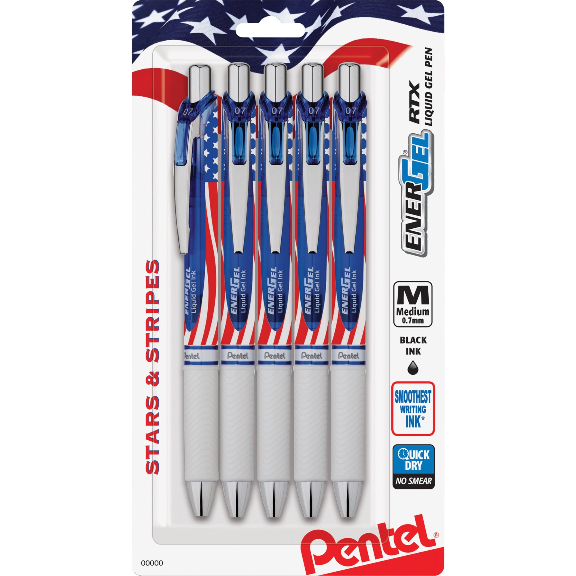 Pentel EnerGel RTX Stars & Stripes Liquid Gel Pens, 0.7mm Point, Black Ink, 5/Pack