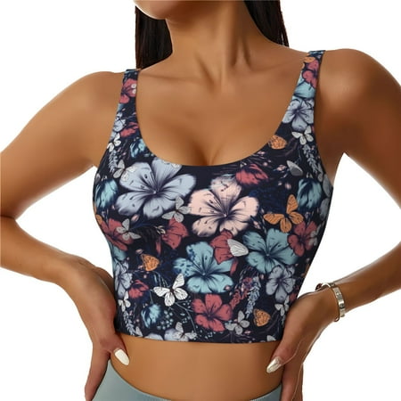 Jgfou Flowers ad Butterflies Print Womens Sports Bra - Padded Workout Sports Bras Crop Tank Top