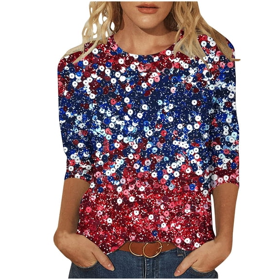 Tfken Independence Day Women Shirts 250Th Anniversary Sequins 3/4 Sleeve Crewneck Tops For America 4Th Of July Patriotic Female Soft T-Shirts White