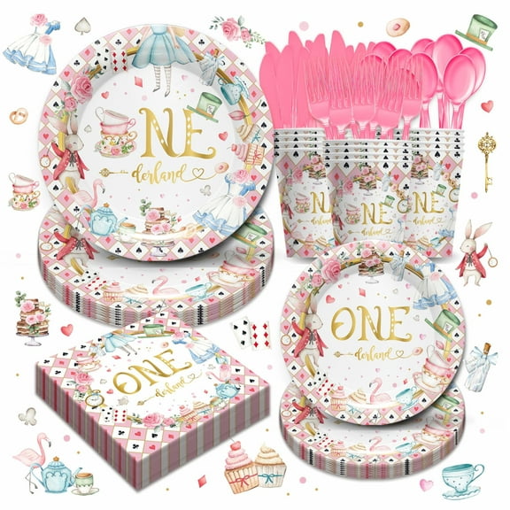 168pcs Alice Party Decorations Tableware for Birthday Baby Shower, Princess Tea Theme Alice Birthday Party Supplies, Paper Plate, Napkin, Cup, Disposable Cutlery, 24 Guests
