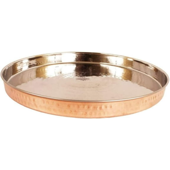 Heavy Duty Copper Hammered Design Platter/Prayer Plate/Thali/Thal (Approx. 13 inches), Serveware/Kitchenware/Tableware (Pack of 1)