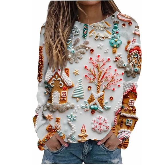 asdoklhq Christmas Women's Sweaters Women's Christmas Printed Loose Casual Long Sleeve Round Neck Hoodless Straight Shoulder Sweater Blue XL