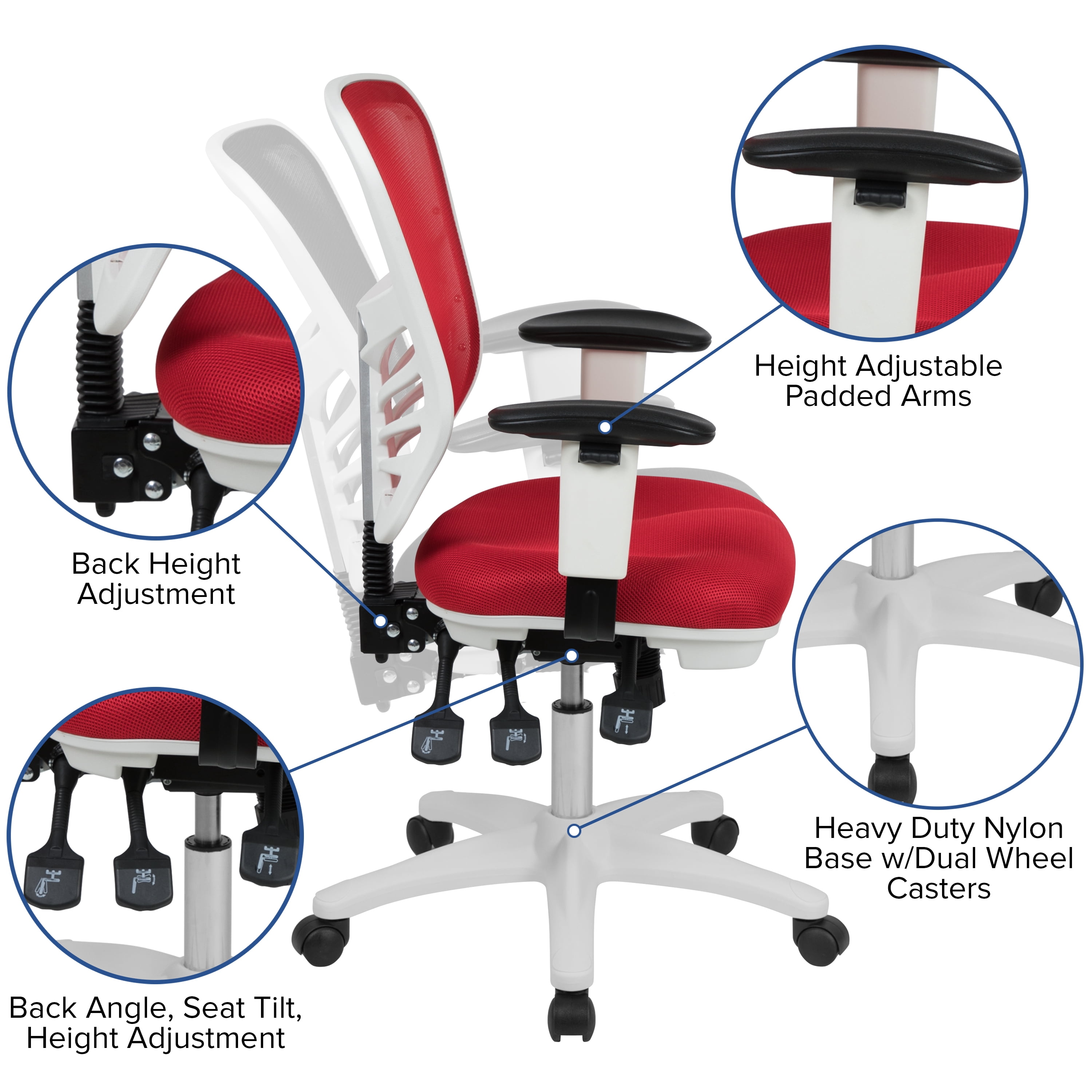 Flash Furniture Mid-Back Red Mesh Multifunction Executive Swivel Ergonomic Office Chair with Adjustable Arms and White Frame