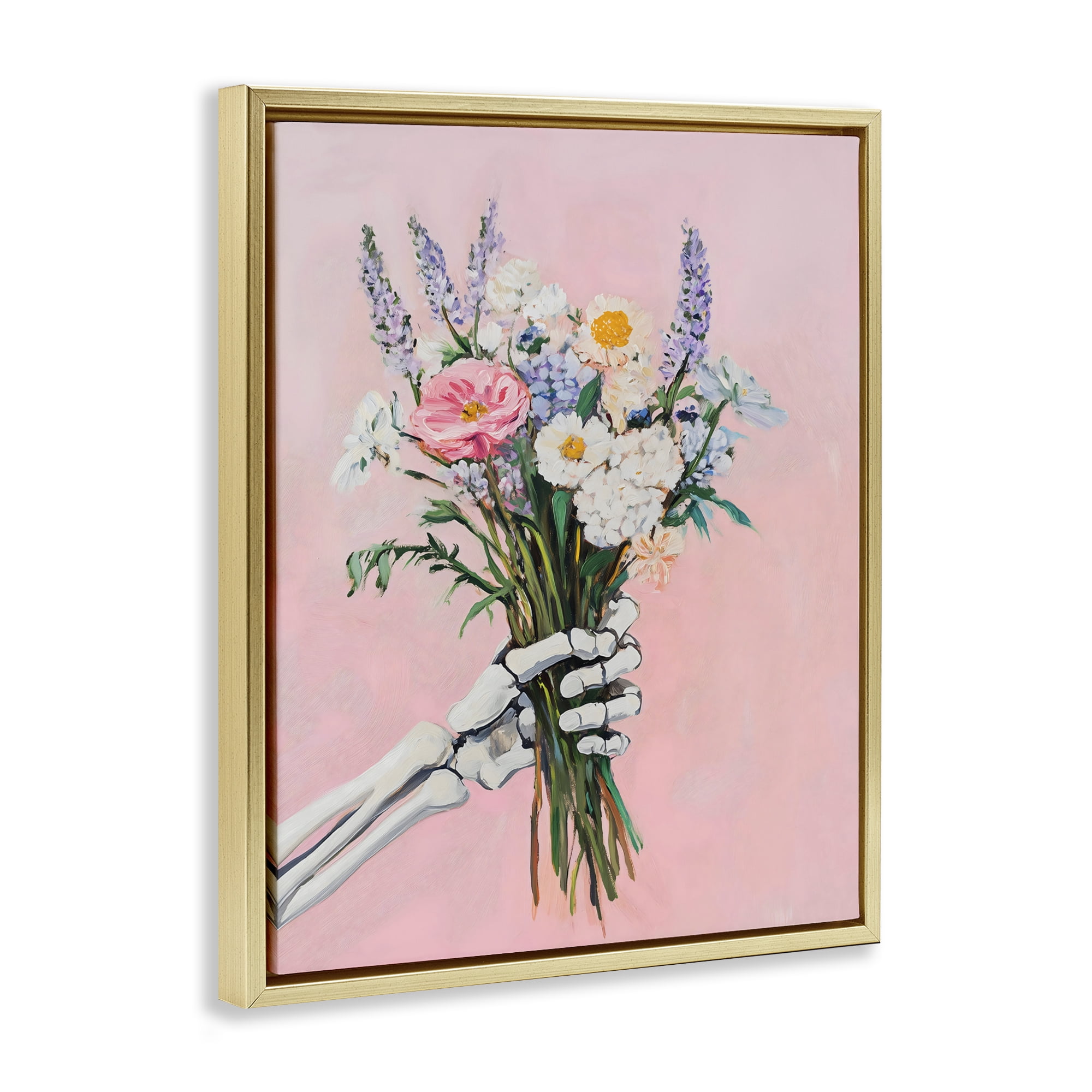 Stupell Industries Skeleton Hand Holding Flowers Gold Framed Floater Canvas Wall Art, design by The Prints Vibe