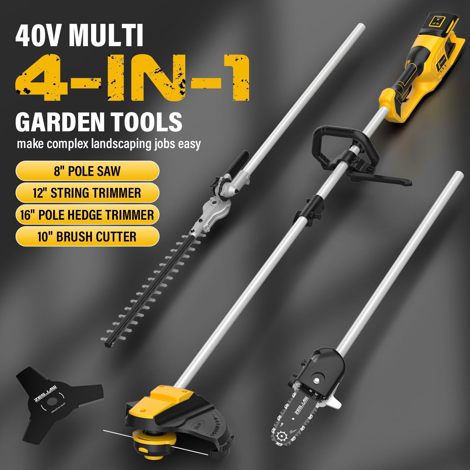 ZEGJAW 40V Cordless Weed Wacker, 8" Electric Pole Saw, Hedge Trimmer and Brush Cutter, 4-in-1 Multi Garden Tools with 2 * 20V 4Ah Battery and 1*Charger