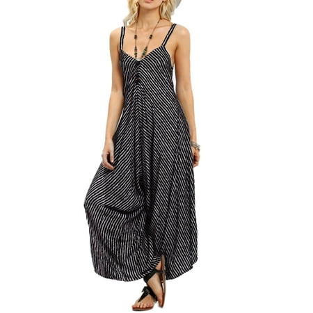 Women's Jumpsuits V Neck Pinstriped Wide Leg Pants