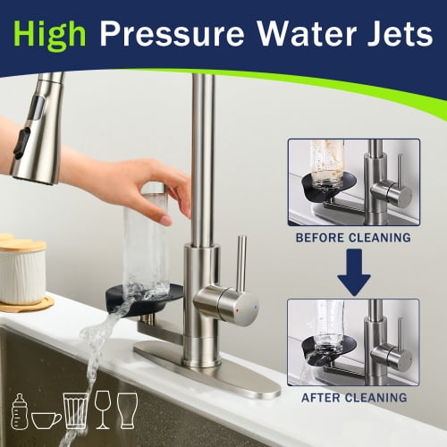 Auto Beyond 3-in-1 Kitchen Faucet with 3-Color LED Temperature Display, Press-Type Glass Rinser, High-Arc Pull-Down Sprayer, 3 Spray Modes, Brushed Nickel Finish