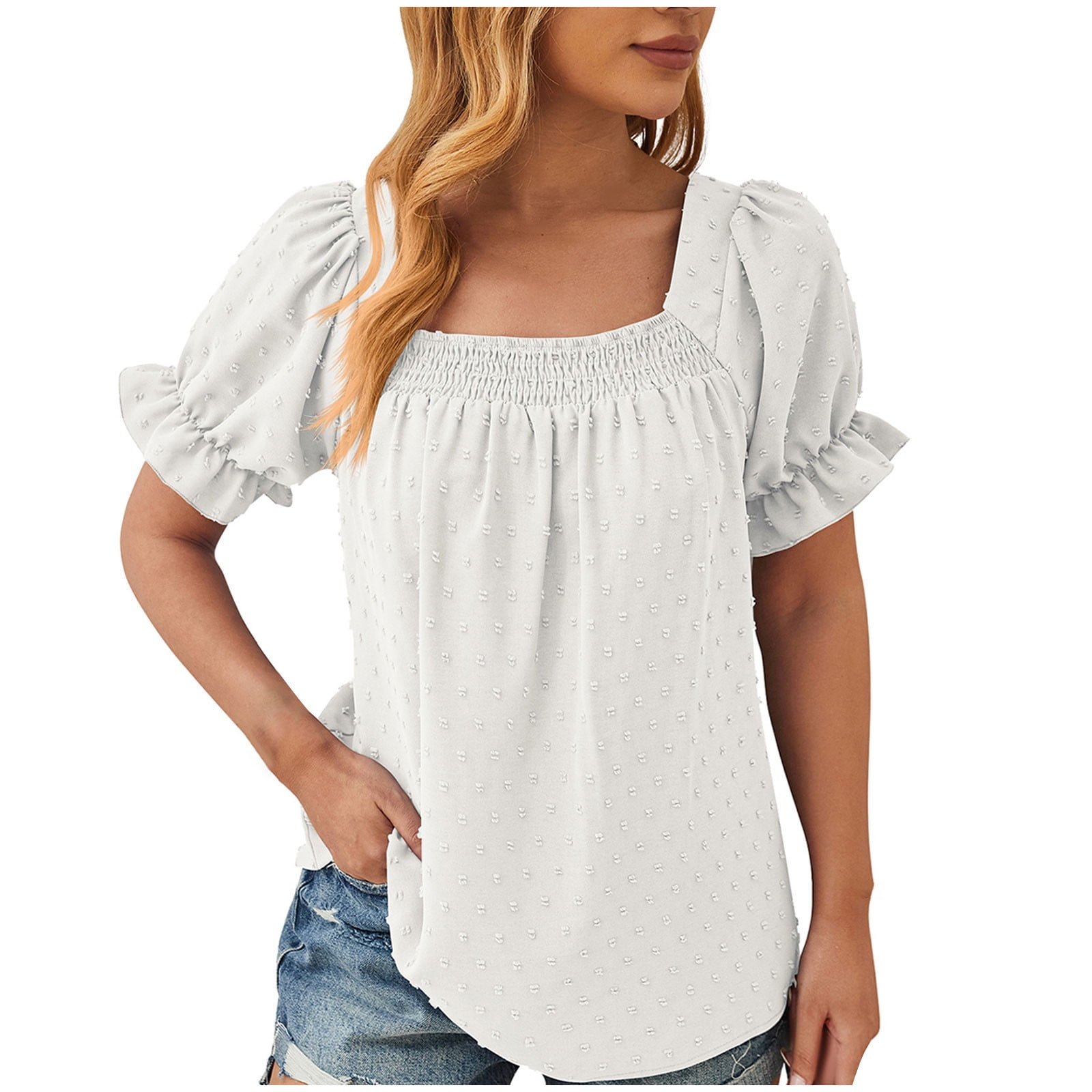 FAIWAD Women's Summer Blouse Square Neck Puff Short Sleeve Swiss