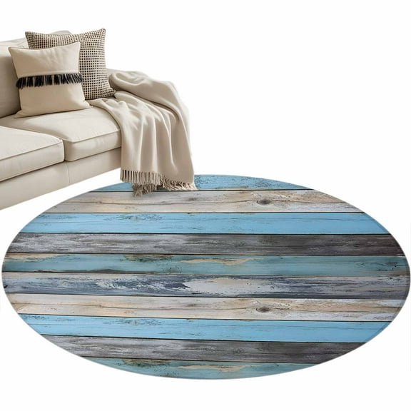 Vintage Blue Brown Grey Round Area Rug 3 FT, Small Kitchen Bathroom Mat, Retro Farmhouse Wooden Country Washable Indoor Outdoor Throw Runner Carpet Doormat for Table Shower Sofa Entryway