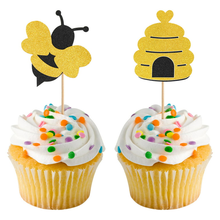 20 Pcs Bee Cake Toppers Glitter Honeycomb Bee Cupcake Toppers Circus Animal Cake Picks Dessert Decorative Toppers, Size: 5.12x2.360.04in, Gold