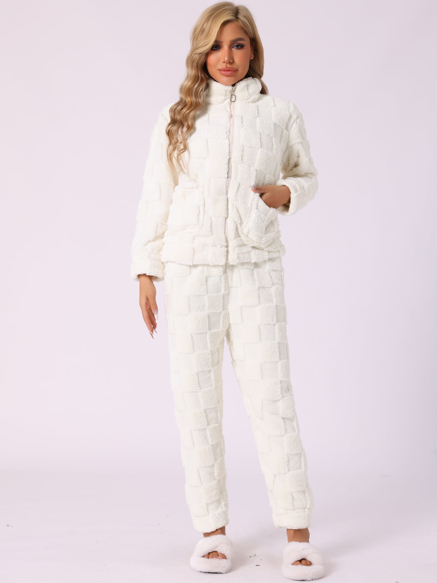 DARING DIVA Women's Flannel Soft Winter Warm Pajama Lounge Set Set with Pockets White XS