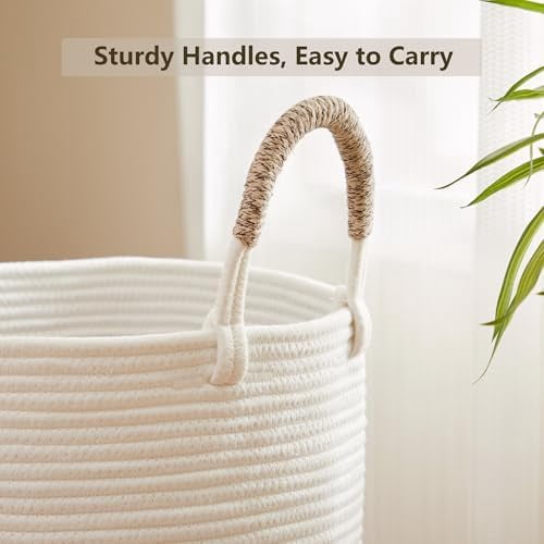 60L Hamper Laundry Basket Tall Woven Clothes Hamper for Baby Girls Nursery Kids Cotton Rope Blanket Basket in Living Room Bathroom Bedroom Brown 15Dx20H inches Large