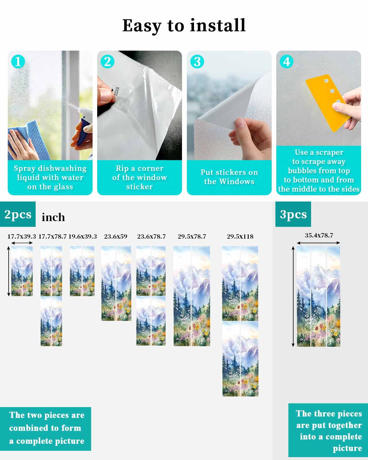 Window Privacy Film Forest Mountains Stained Glass Window Film Decorative Sun Block Window Cover Watercolor Natural Flower Tree Window Clings Static Adhesive Sticker for Bathroom 23.6"x59"
