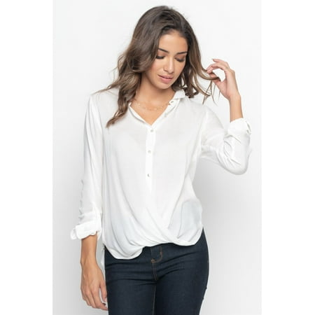 Women’s Ruffled Ajustable Long Sleeve Cross Tied Knot Casual Sexy Fit White Formal Blouse (Best Tie Knot For Formal Event)