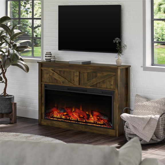 Woven Paths Scandi Farmhouse Wide Modern Farmhouse Mantel with Electric Fireplace, Rustic