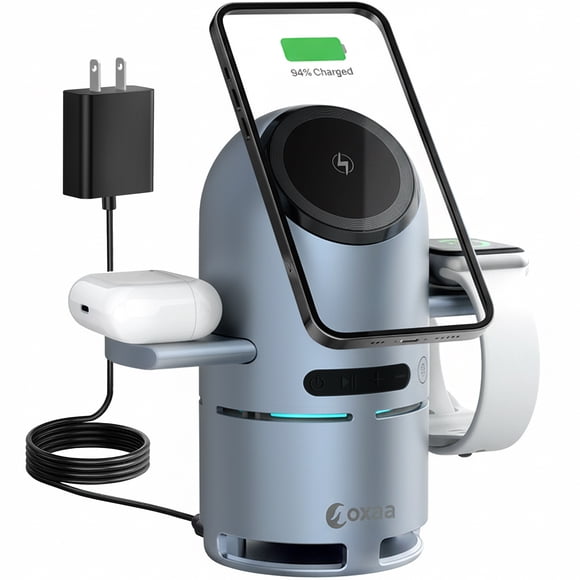 OXAA 5-in-1  Motorized Magnetic Wireless Charging Stand with Speaker for Apple Devices, iPhone, Apple Watch & AirPods Qi2 15W Fast Charging, Includes 45W Adapter