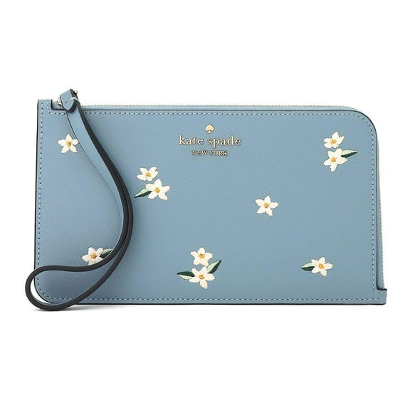 Kate Spade New York Women's Lucy Floral Embroidered Leather Medium L-zip Wristlet (Ocean Fog)