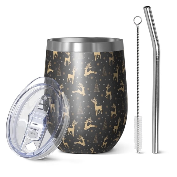 12oz Stemless Wine Tumblers Dark Christmas Golden Reindeer Pattern Vacuum Insulated Stainless Steel Travel Tumbler Cups Mug with Lid and Straw for Champaign,Cocktail,Beer with Cleaning Brush