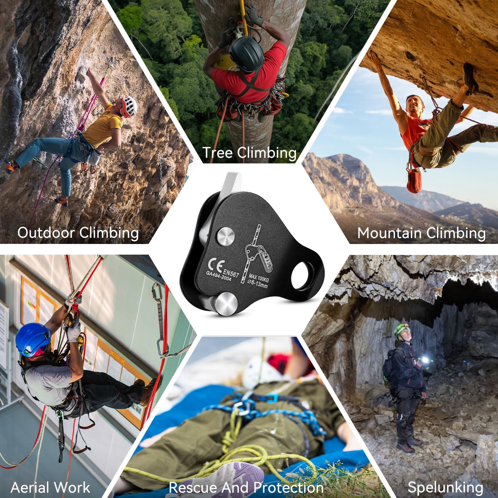 Climbing Ascender Rope Grab Fall Protection Belay Device Tree Climbing Gear Rappelling Equipment Rope Ascender for Rock Climbing Mountaineering Arborist Caving Rescue Aerial Work 8-12 mm Ropes