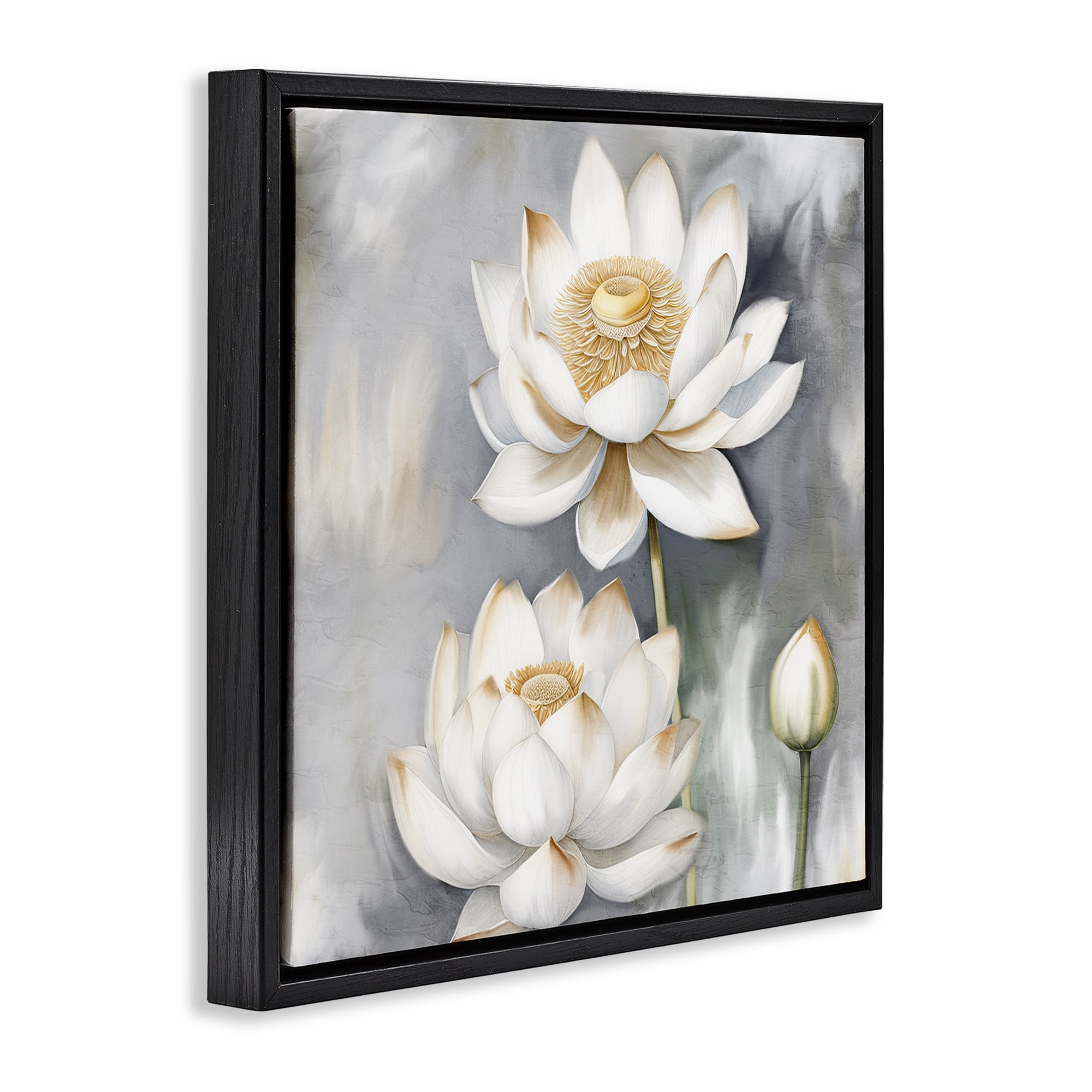 Stupell Industries Budding White Lotus Plants & Flowers Painting Black Floater Framed Canvas Art Print Wall Art, 18 x 18