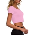 thumbnail image 4 of VSSSJ Crop Tops pour Femmes Manches Courtes Col Rond Extensible Chemise Décontractée Ajustée Solide Confortable Été Basique T-Shirts Courts Or Rose Taille Unique, 4 of 5