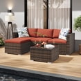thumbnail image 3 of Stylish 5-Piece Outdoor Patio Furniture Set – All-Weather Brown Four-Line Wicker Sectional Sofa with Wine Red Cushions, Glass Table, Blue Floral Pillows – Garden, Backyard, Deck, Poolside, 3 of 9