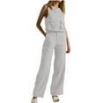thumbnail image 3 of Dazajoo Womens Cotton Linen Sets 2 Piece Outfits Sleeveless Round Neck Top Matching Wide Leg Long Pants with Pockets,White,S, 3 of 7
