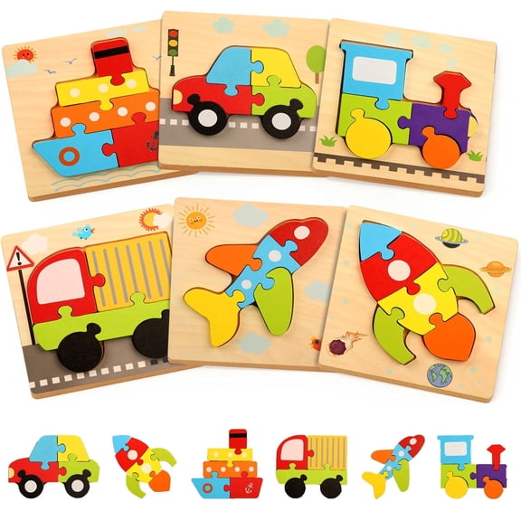 TAETOE Wooden Jigsaw Puzzles Montessori Educational Learning Toys for Toddlers Ages 1-3, 6 Count