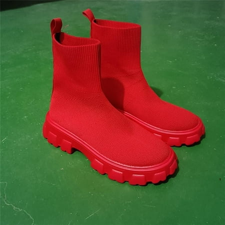 

HOLXI 2024 Platform Boots Knitted Sock Women Shoes Woman Slip On Women s Boots New Ankle Boots Flat Punk Fall Winter Shoes Red