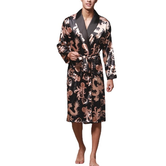 Bata de hombre tipo kimono, albornoz, bata de satén larga para dormir, cárdigan, pijama japonés, ropa de dormir con cuello en V y bolsillos y cinturón